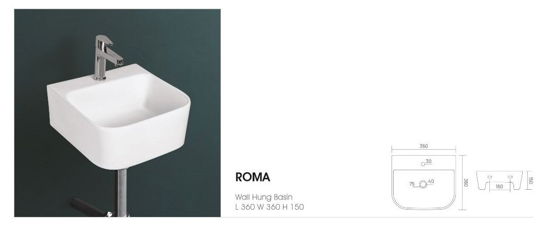 ROMA Wall Mounted Wash Basin for Bathroom White Square 360X360X150