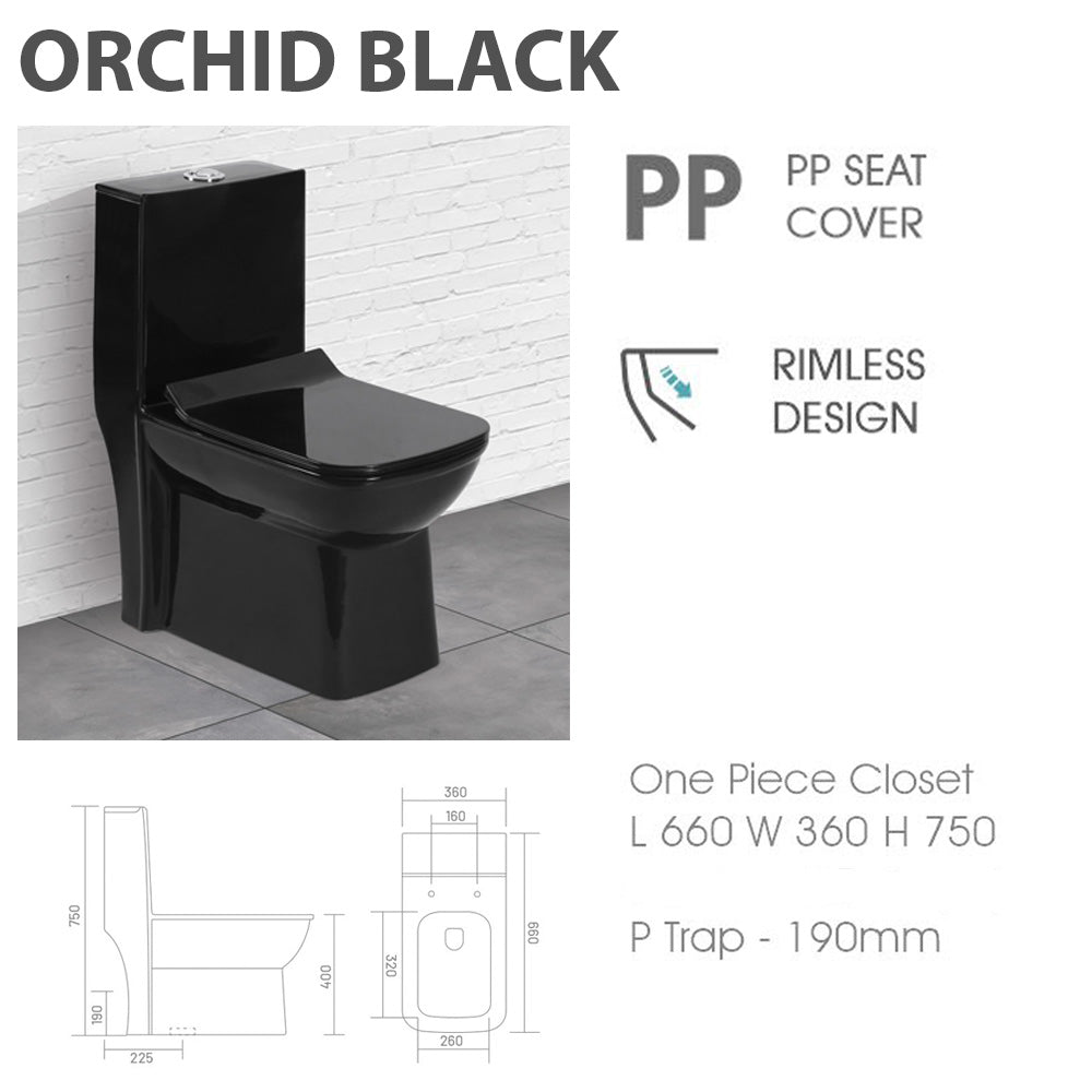 ORCHID BLACK One Piece White Modern Toilet with Soft Close Seat Rimeless