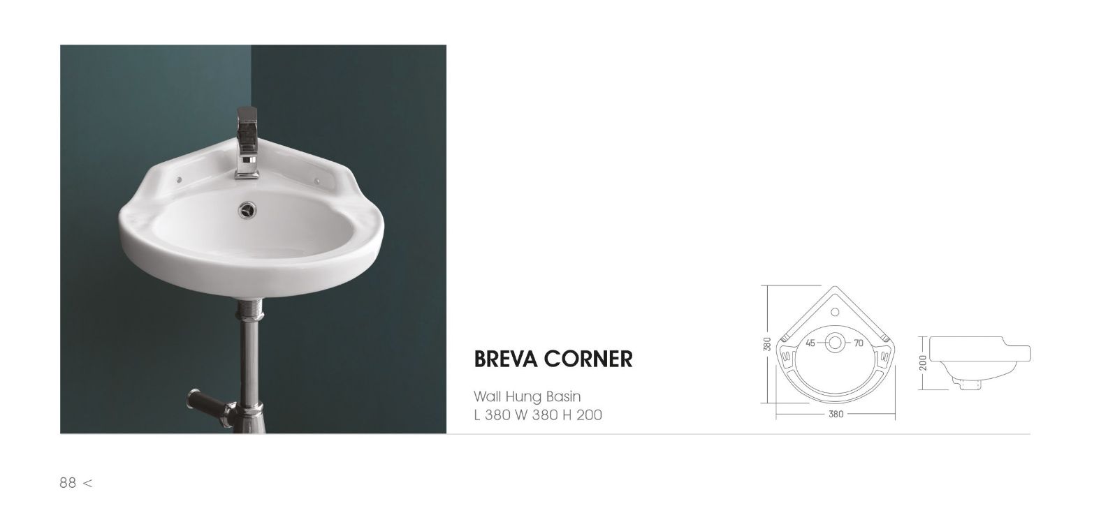 BREVA CORNER Wall Mounted Wash Basin for Bathroom White Round Perry 380 x 380 x 200 mm