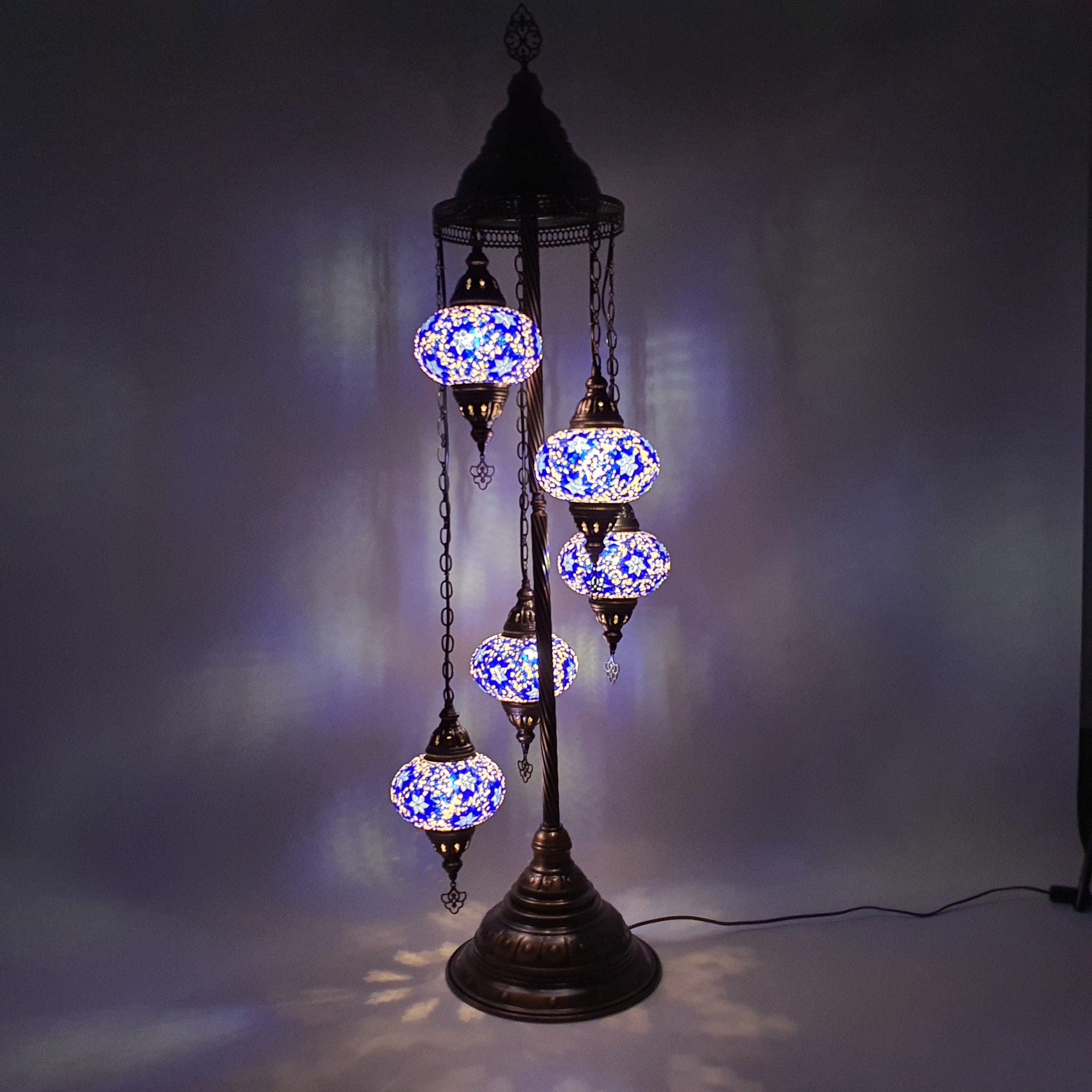 5 Globe White Blue Turkish Tiffany Mosaic Floor Lamp LED Light
