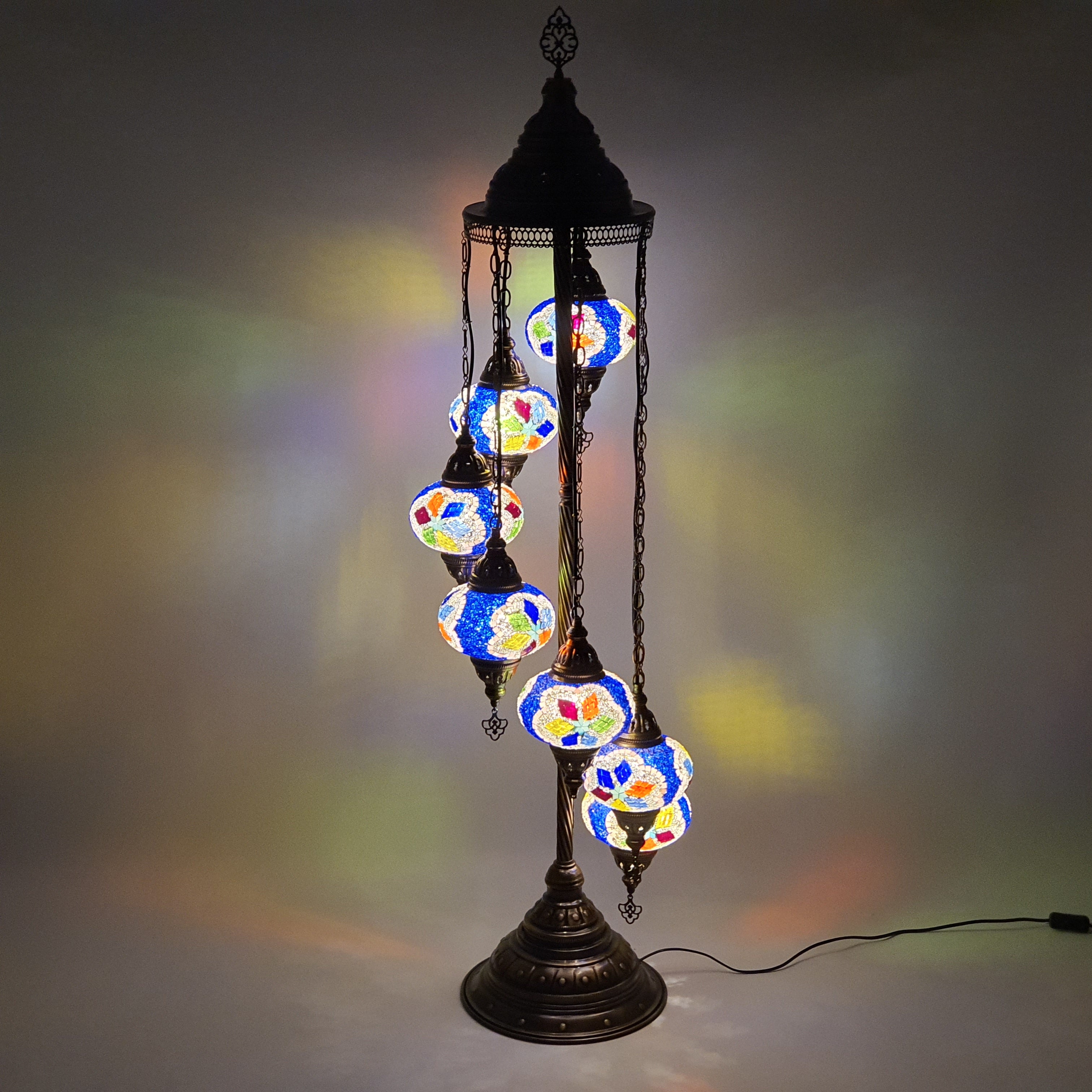 7 Globe niebieska turecka mozaika Tiffany Lampa podłogowa LED Light
