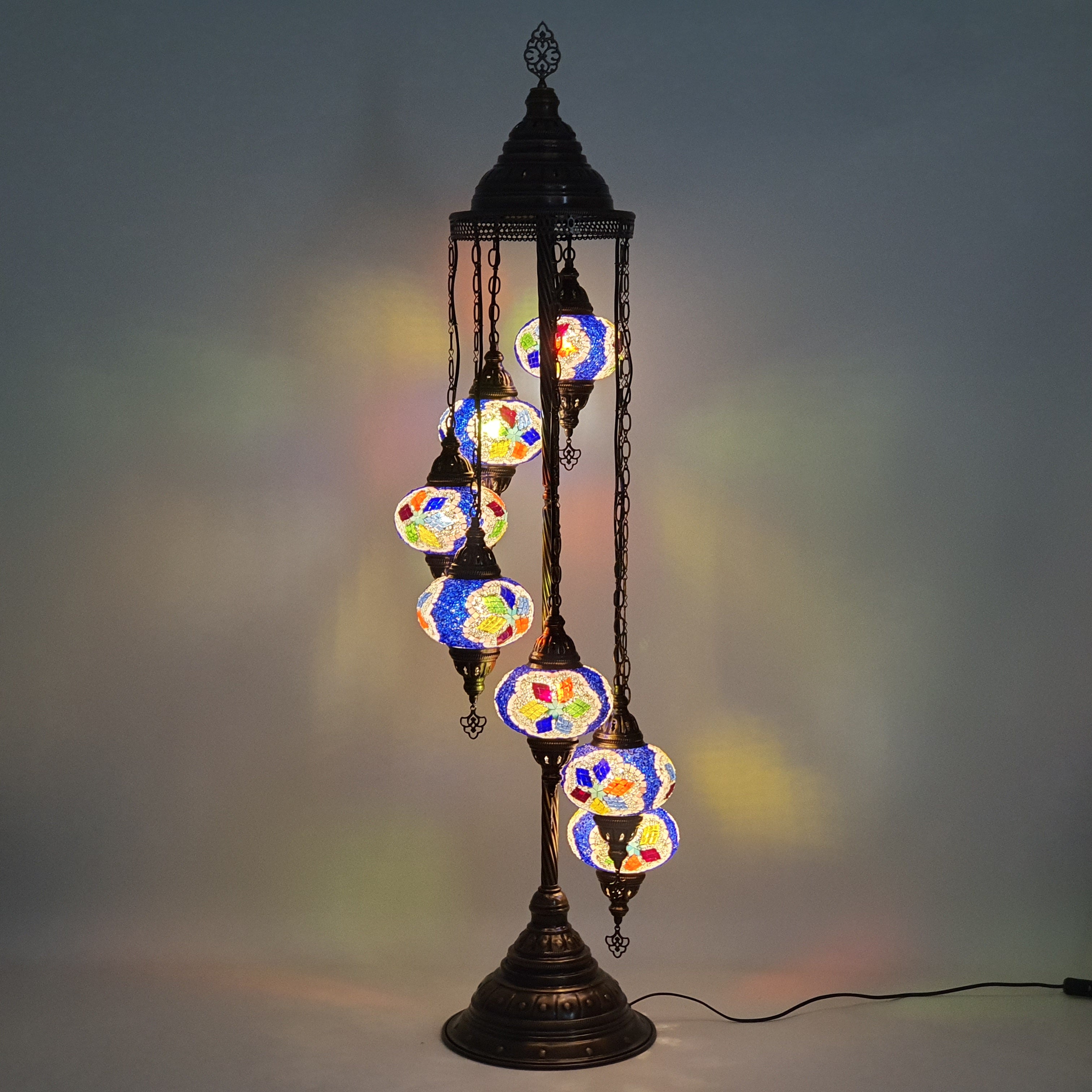 7 Globe niebieska turecka mozaika Tiffany Lampa podłogowa LED Light