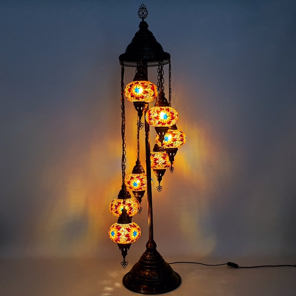 7 Globe Warm Mix Orange Turkish Tiffany Mosaic Floor Lamp LED Light