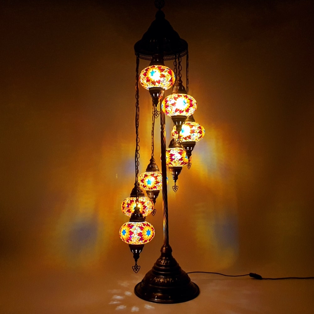 7 Globe Warm Mix Orange Turkish Tiffany Mosaic Floor Lamp LED Light