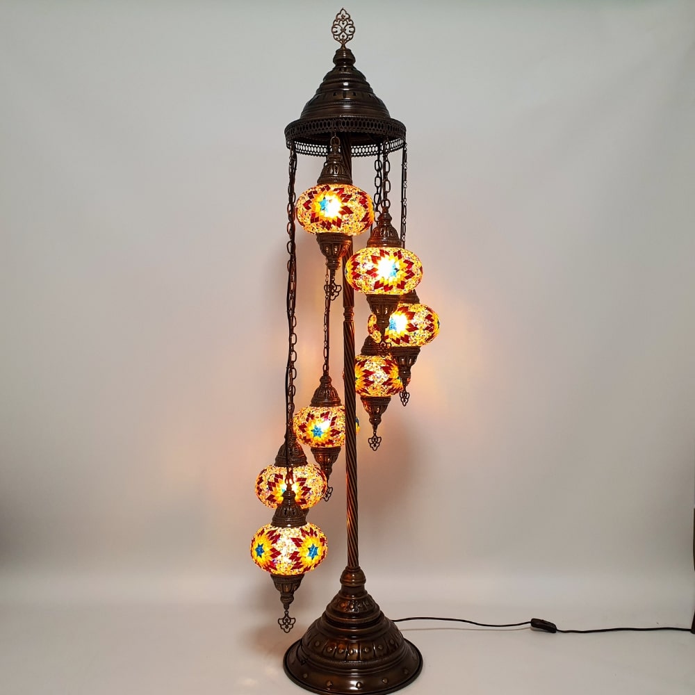 7 Globe Warm Mix Orange Turkish Tiffany Mosaic Floor Lamp LED Light