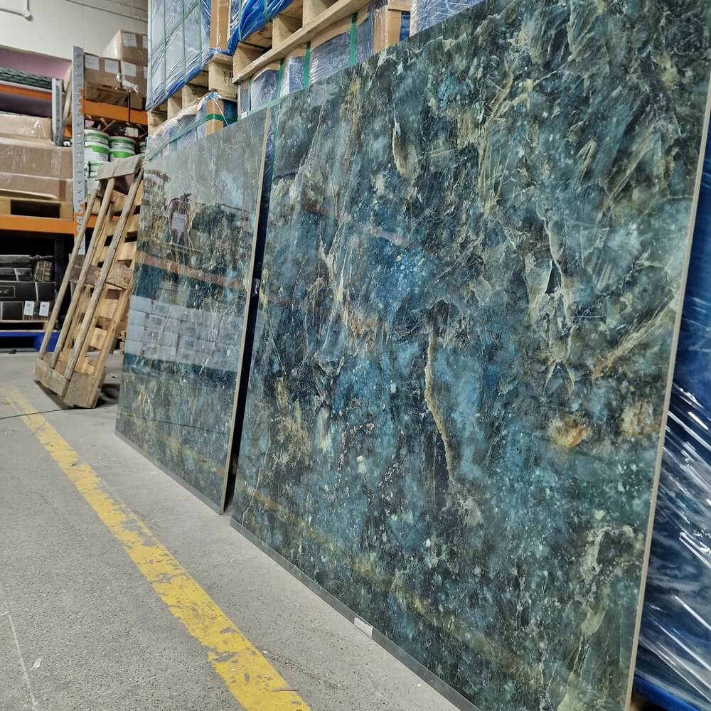 Almond Green Rectified Glossy Stone Effect Porcelain (1000mm x 1000mm) Wall and Floor Tiles