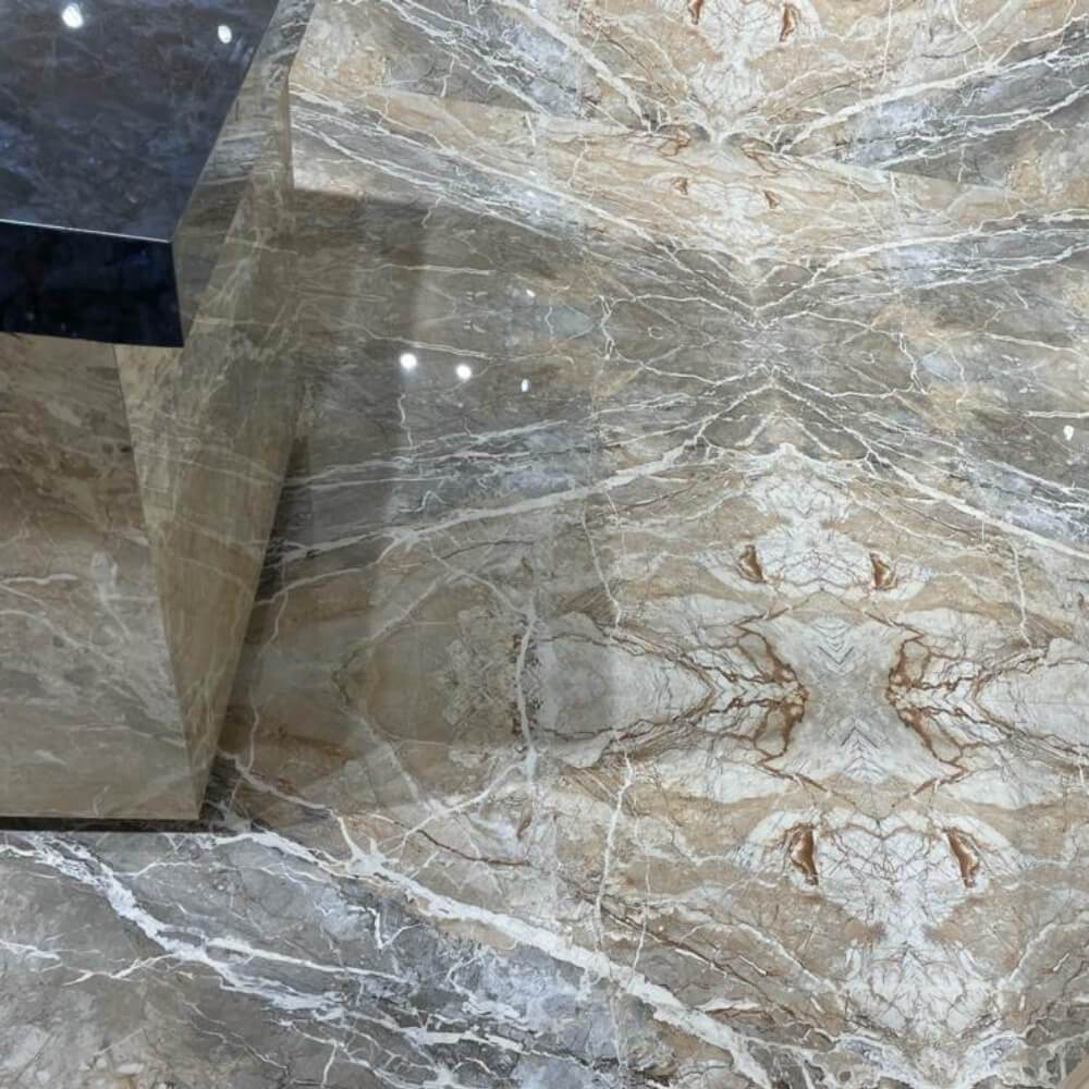 Blue Breccia Book Match A Rectified Large Format Polished Stone Effect Porcelain (1200mm x 2400mm) Floor & Wall Tiles