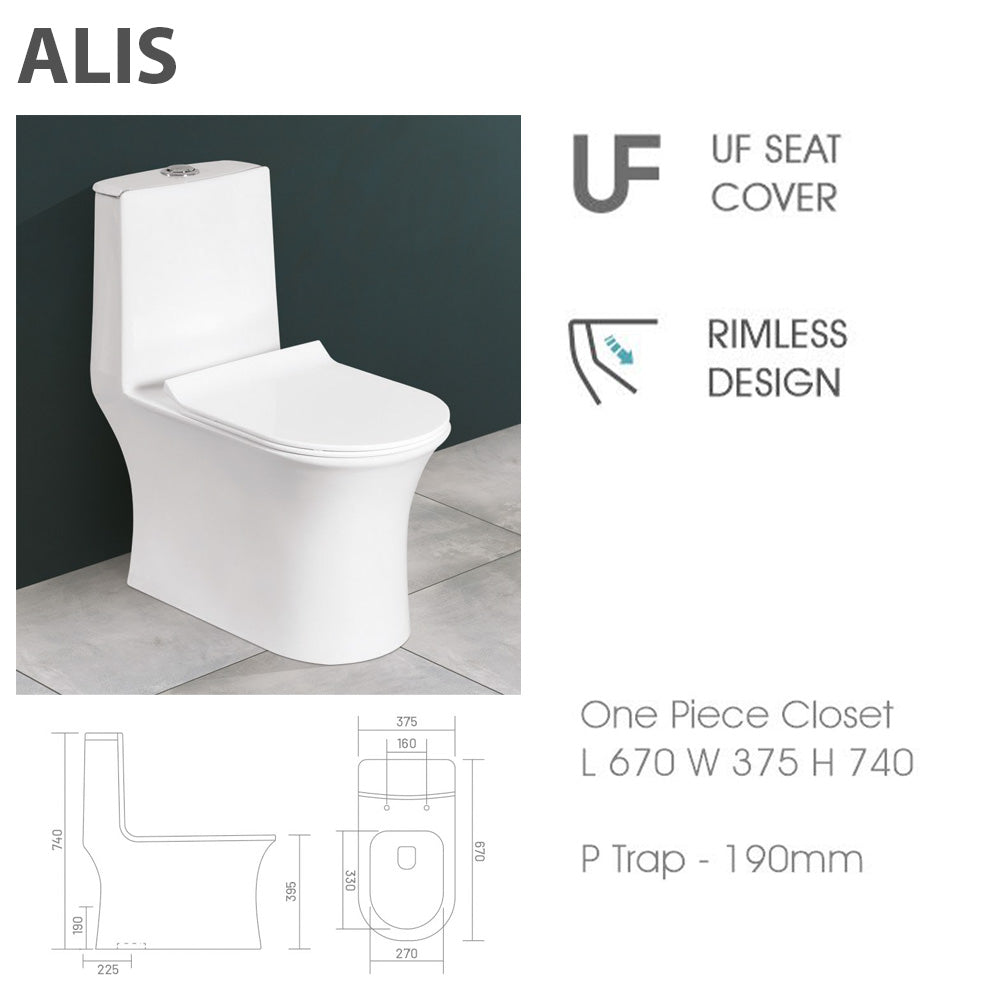 ALIS One Piece White Modern Toilet with Soft Close Seat Rimeless