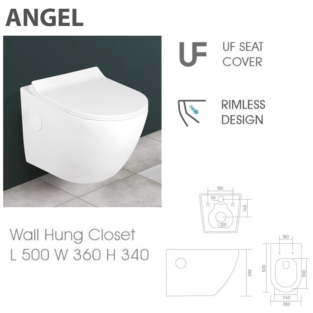 ANGEL White Modern Round Wall Hung Toilet with Soft Close Seat Rimeless