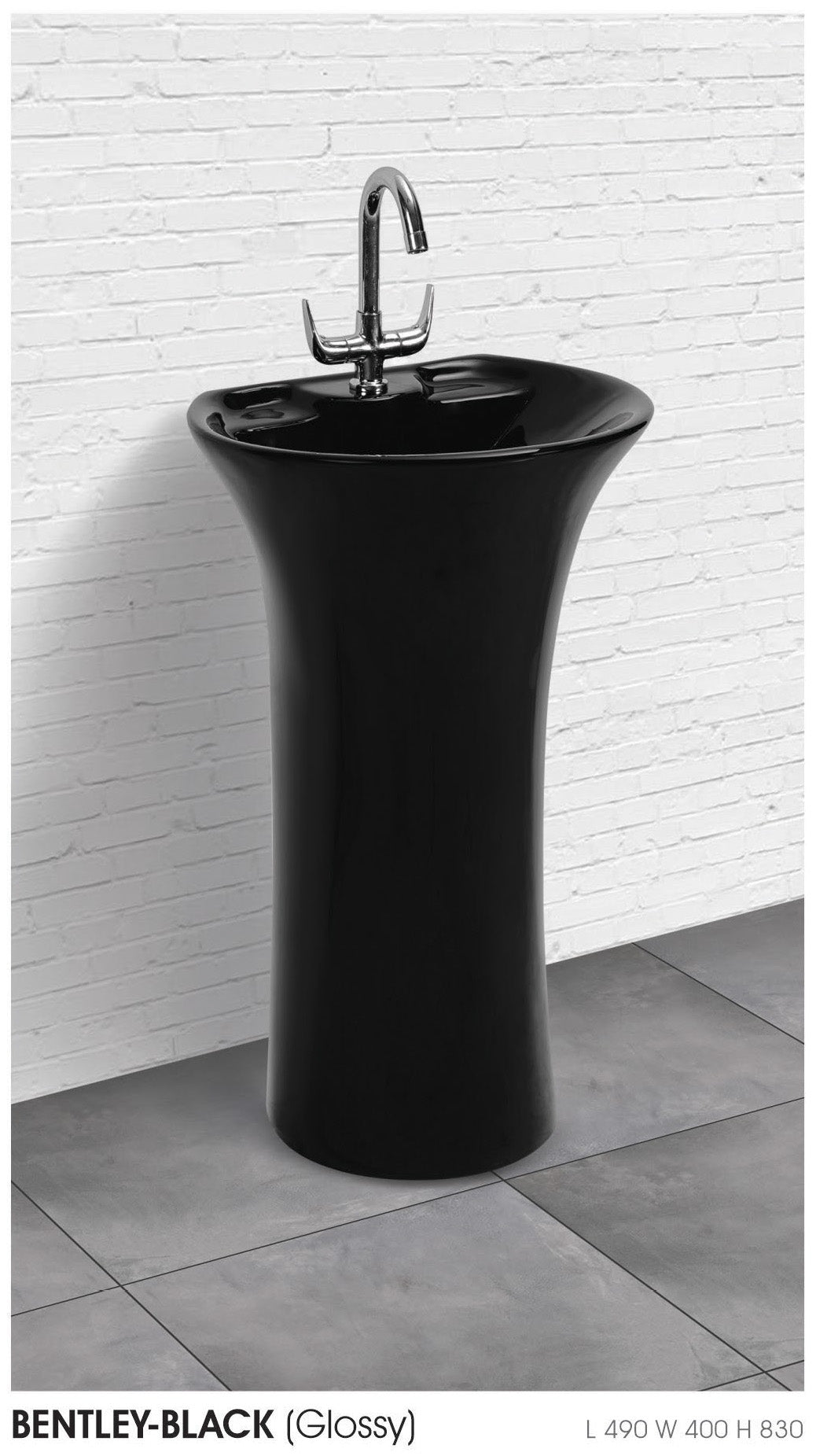 BENTLEY BLACK Lux Pedestal Wash Basin for Bathroom Black 490 x 400 x 830 mm