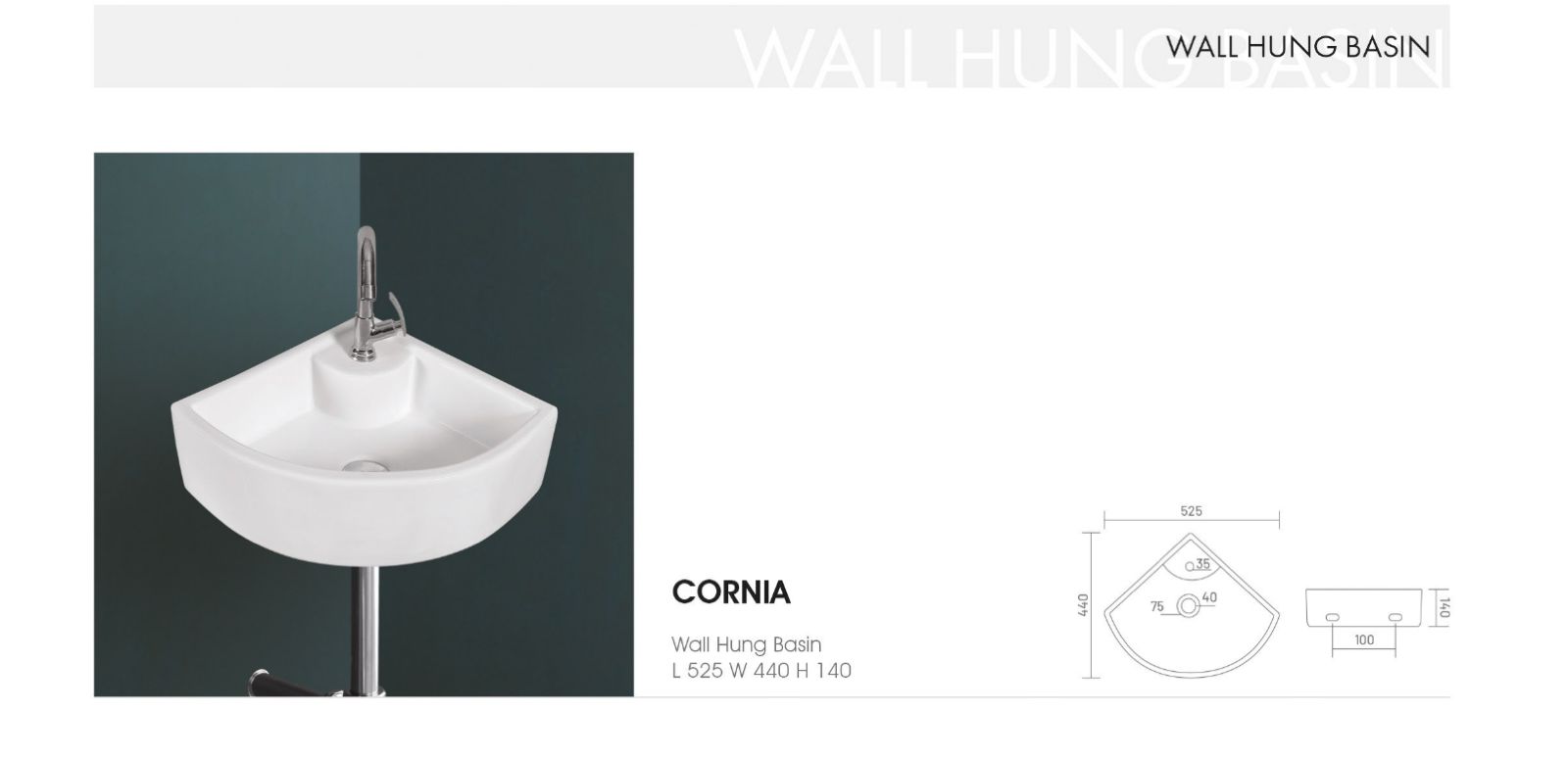 CORNIA Quarter Circle Corner Wall Hung Basin 525x440