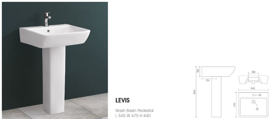 LEVIS Pedestal Wash Basin for Bathroom White 545 x 475 x 840 mm