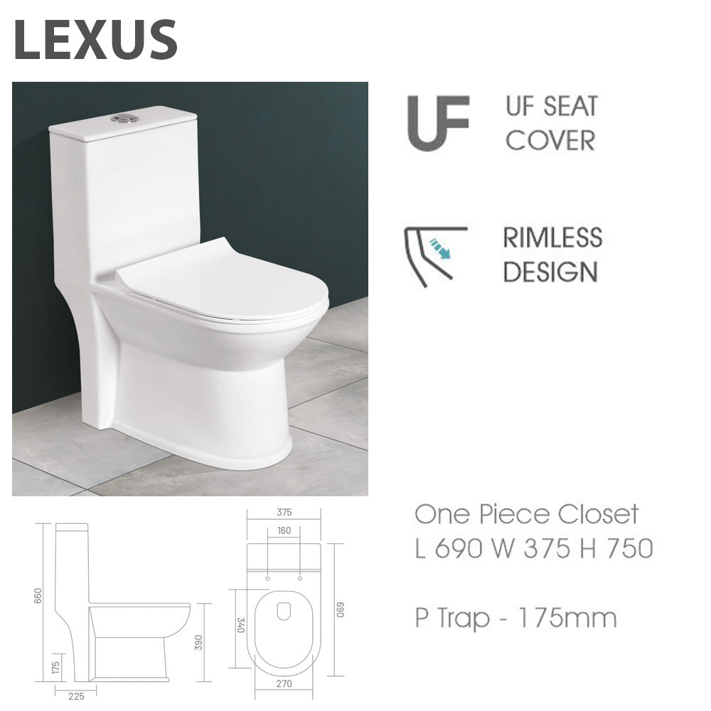 LEXUS One Piece White Modern Toilet with Soft Close Seat Rimless