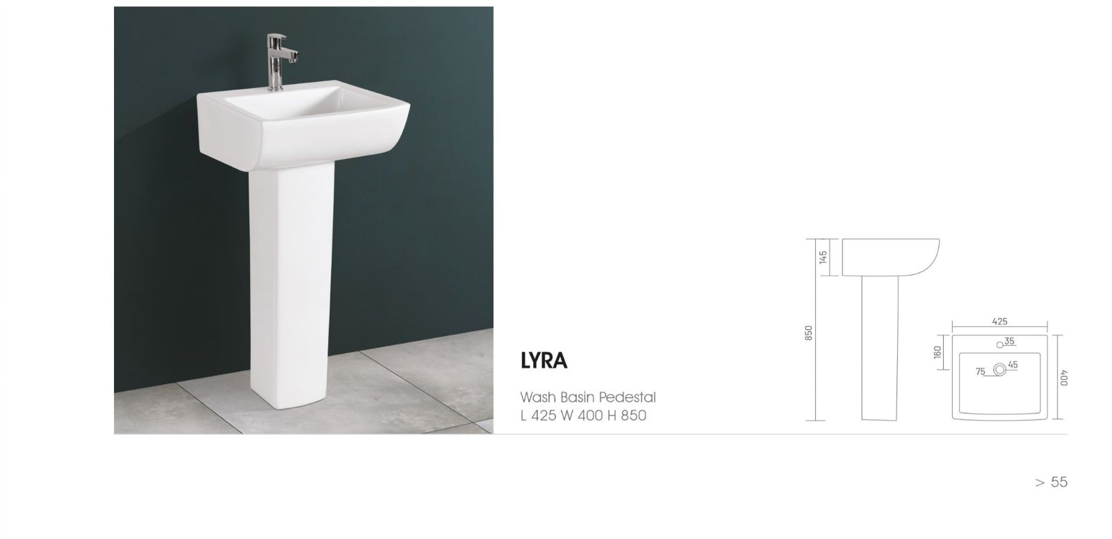 LYRA Pedestal Wash Basin for Bathroom White 425 x 400 x 850 mm