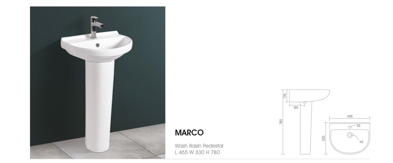 MARCO Pedestal Wash Basin for Bathroom White 465 x 330 x 780 mm