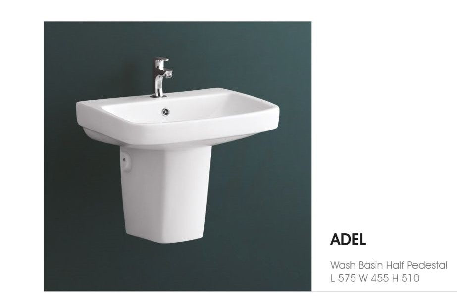 ADEL Wall Mounted Half Pedestal Wash Basin for Bathroom White Rectangle 575 x 455 x 510 mm