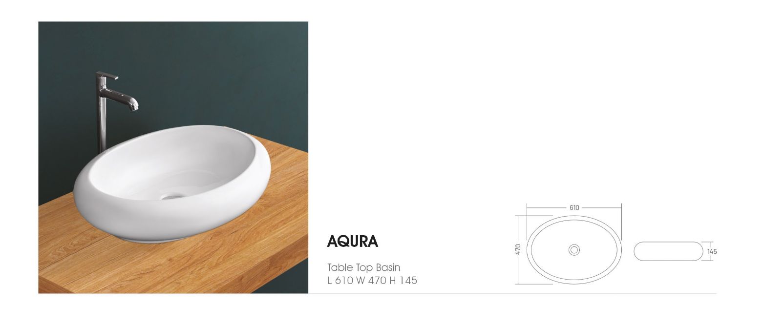 AQURA Countertop Wash Basin for Bathroom White Oval 610 x 470 x 145 mm