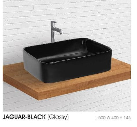 JAGUAR BLACK Countertop Wash Basin for Bathroom White Rectangle 500 x 400 x 145 mm