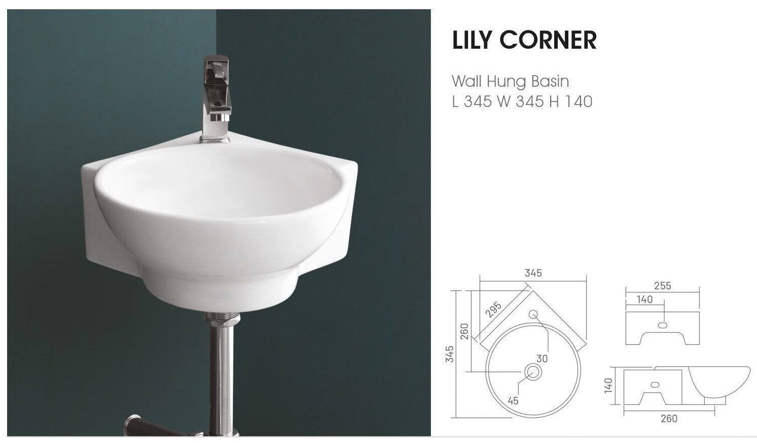 LILY CORNER Wall Mounted Wash Basin for Bathroom White Round Perry 345 x 345 x 140 mm