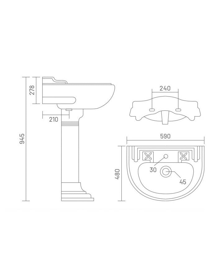 SERENA Pedestal Wash Basin for Bathroom White 590 x 480 x 945 mm