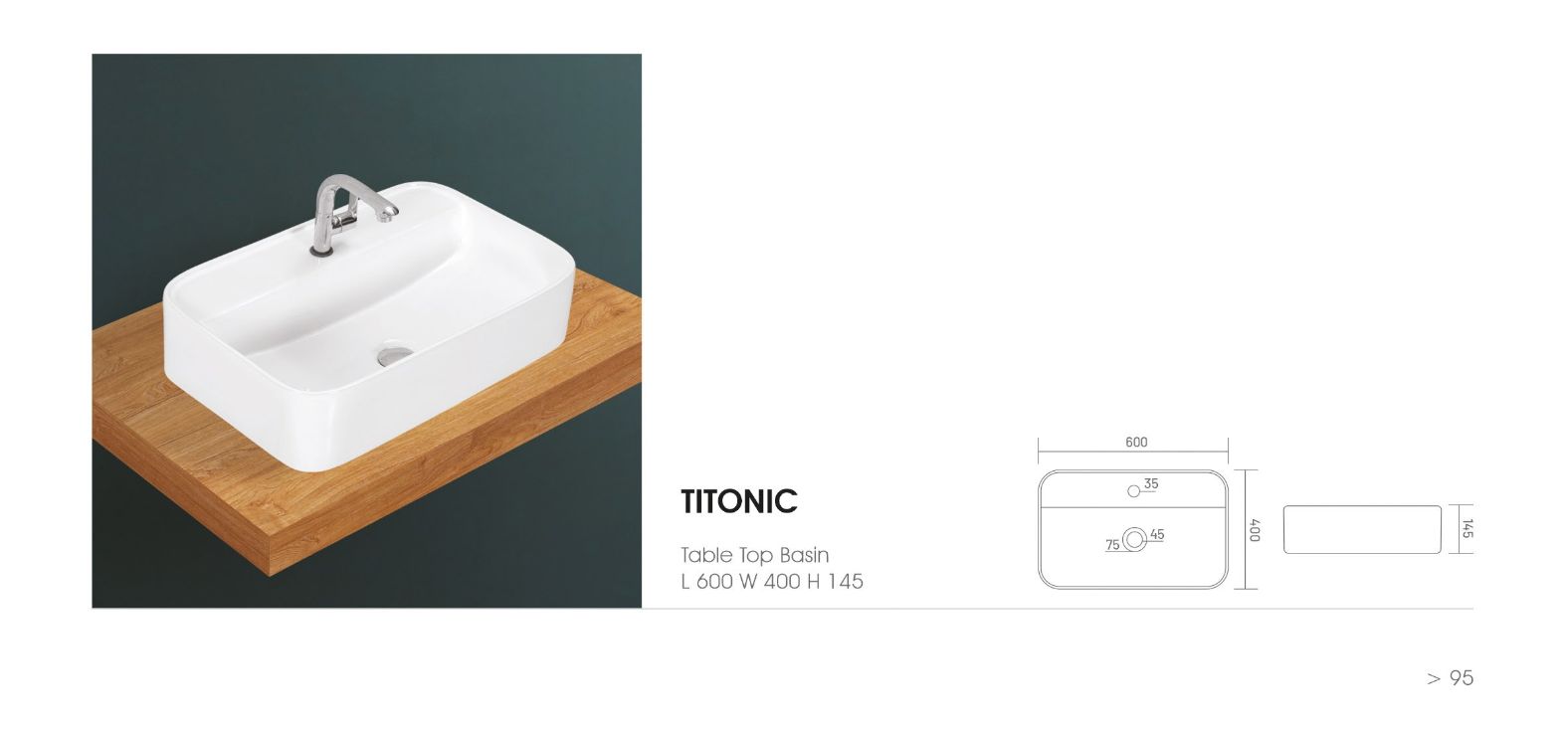 TITONIC Countertop Wash Basin for Bathroom White Rectangle 600 x 400 x 145 mm