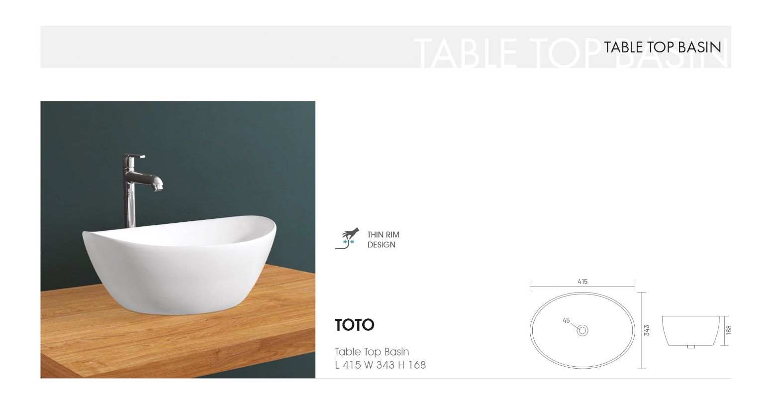 TOTO Countertop Wash Basin for Bathroom White Oval 415 x 343 x 168 mm