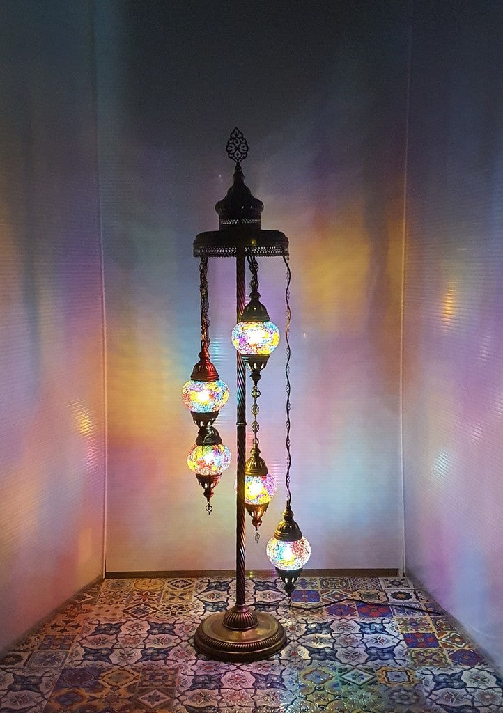 5 Globe Mix Coloured Turkish Tiffany Mosaic Floor Lamp LED Light