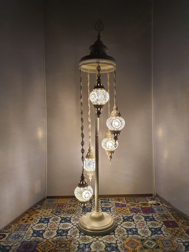 5 Globe White Flower Pattern Turkish Tiffany Mosaic Floor Lamp LED Light