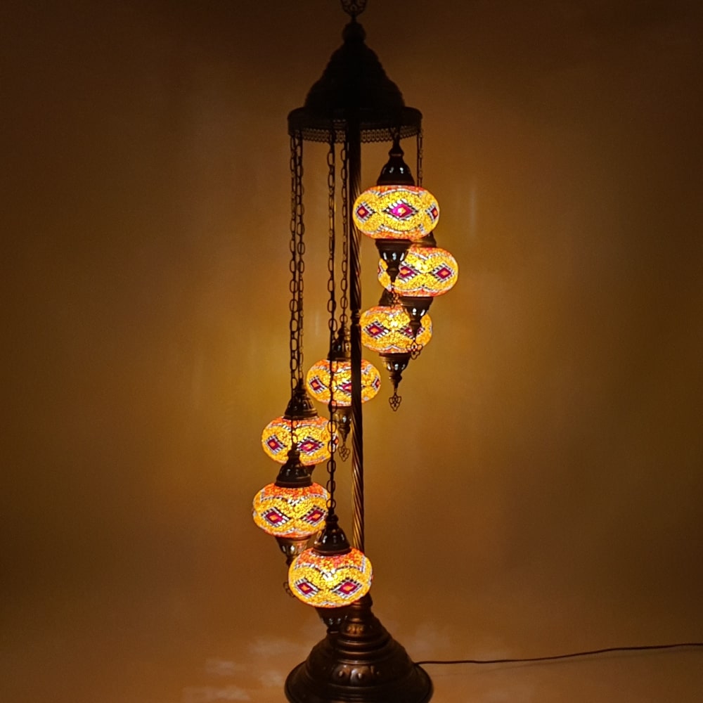 7 Globe Orange Turkish Tiffany Mozaic Lampa de podea Lumina LED