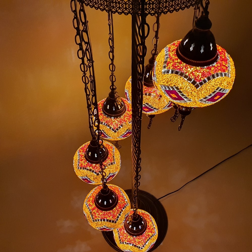 7 Globe Orange Turkish Tiffany Mozaic Lampa de podea Lumina LED