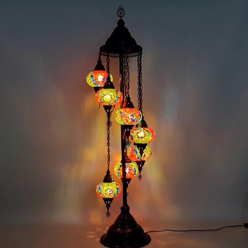 7 Globe Royal Green Orange Turecka lampa podłogowa Tiffany Mosaic LED Light
