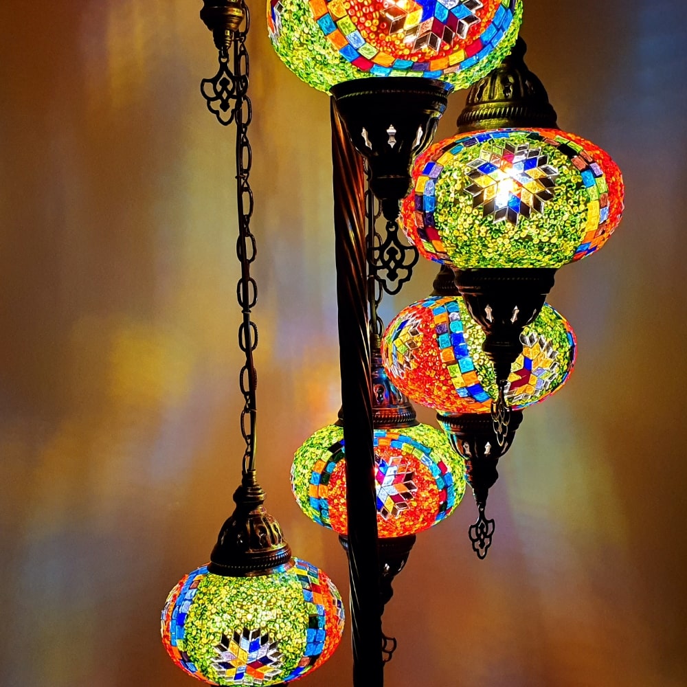 7 Globe Royal Green Orange Turkish Tiffany Mosaic Floor Lamp LED Light