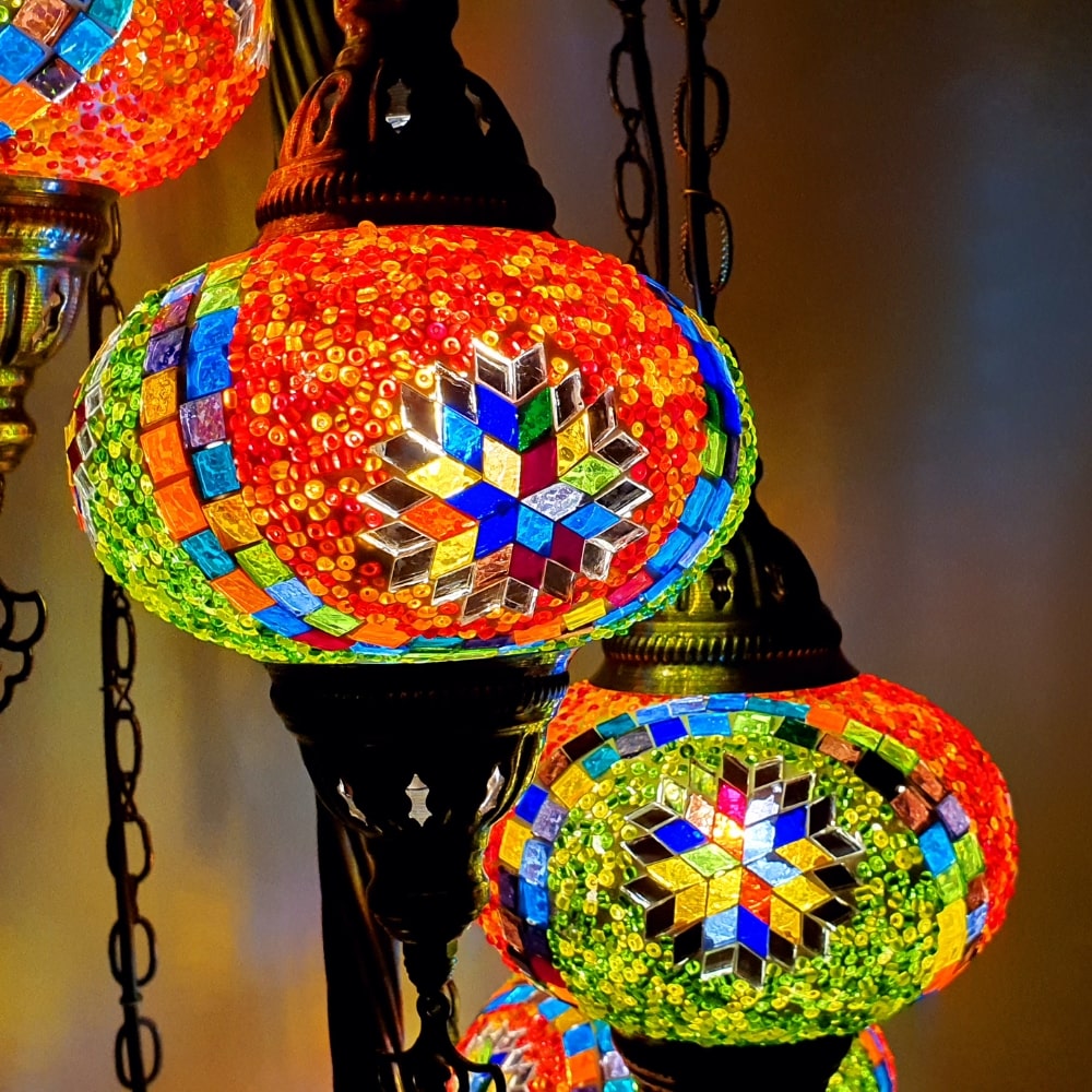 7 Globe Royal Green Orange Turecka lampa podłogowa Tiffany Mosaic LED Light