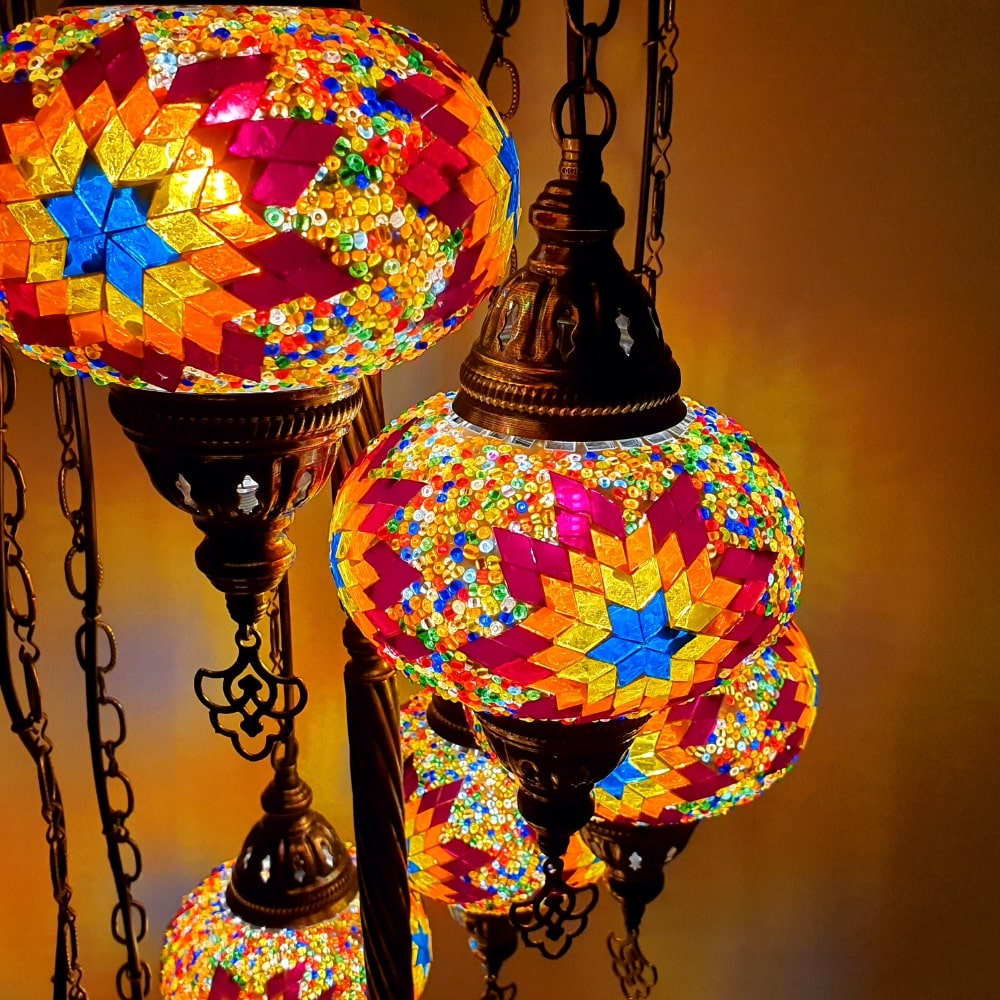 7 Globe Warm Mix Orange Turkish Tiffany Mosaic Floor Lamp LED Light