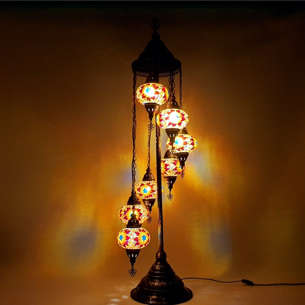 7 Globe Warm Mix Orange Turkish Tiffany Mosaic Floor Lamp LED Light