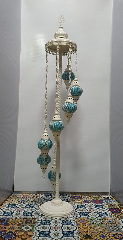 7 Globe Turquoise Flower Pattern Turkish Tiffany Mosaic Floor Lamp LED Light
