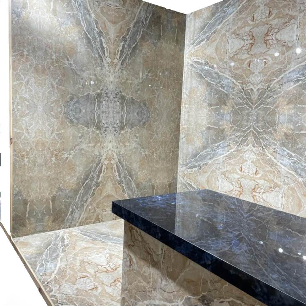 Blue Breccia Book Match B Rectified Large Format Polished Stone Effect Porcelain 1200x2400mm Floor & Wall Tiles