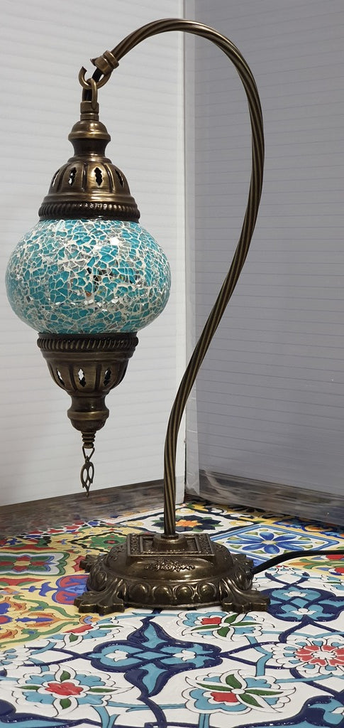 Turquoise Turkish Tiffany Mosaic Swan Neck Table Lamp LED Light size 2 From £29.90 - Decoridea.co.uk